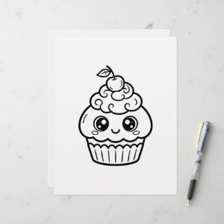 Kawaii Cherry Big Eyed Cupcake Coloring Page