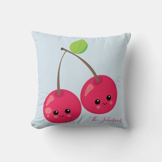 Kawaii Cherry Charm Throw Pillow (Front)
