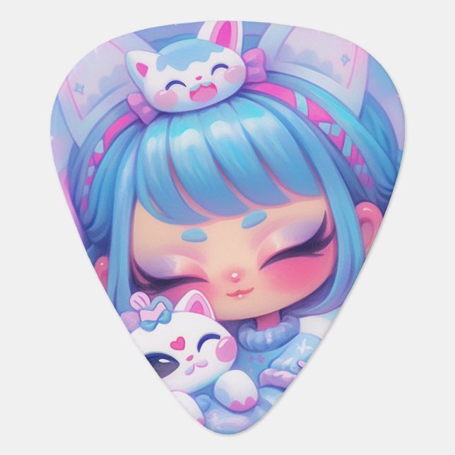 Kawaii Chibi Anime Girl Cozy Kitty Cuddle Art Guitar Pick (Front)
