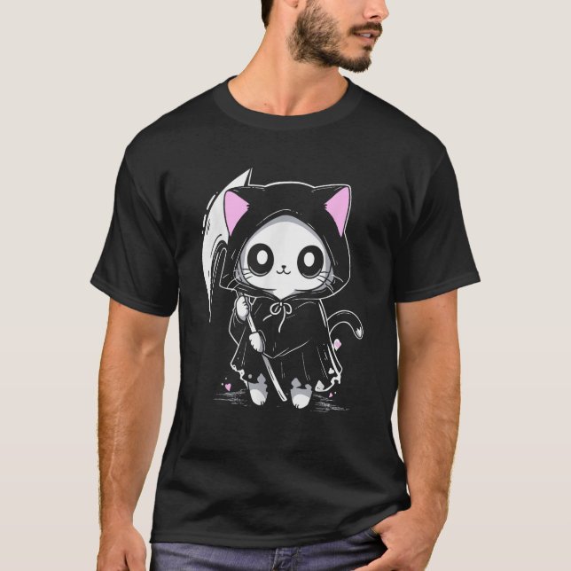 Kawaii Chibi Cat Grim Reaper Pastel Goth Gothic Cr T-Shirt (Front)