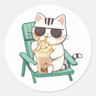 Kawaii Chibi Cat in Sunglasses Drinking Frappè Classic Round Sticker