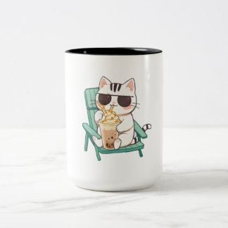 Kawaii Chibi Cat in Sunglasses Drinking Frappè Two-Tone Coffee Mug