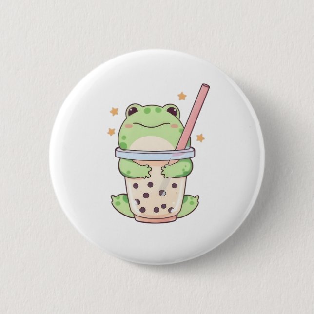 Kawaii Chibi Frog Hugging Bubble Tea Cup Button (Front)