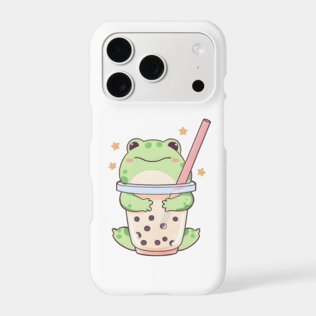 Kawaii Chibi Frog Hugging Bubble Tea Cup iPhone Case (Back)