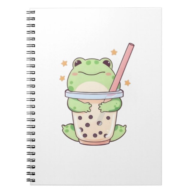 Kawaii Chibi Frog Hugging Bubble Tea Cup Notebook (Front)