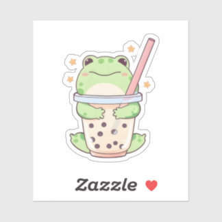 Kawaii Chibi Frog Hugging Bubble Tea Cup Sticker