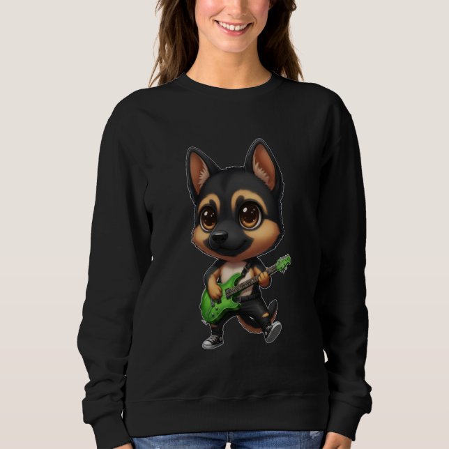 Kawaii Chibi Funny German Shepherd Dog Guitarist R Sweatshirt (Front)