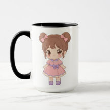 Kawaii Chibi Girl Twin Buns Pink Dress Mug | Cute