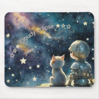 Kawaii Chibi Knight and Kitten Starry Sky Mousepad
