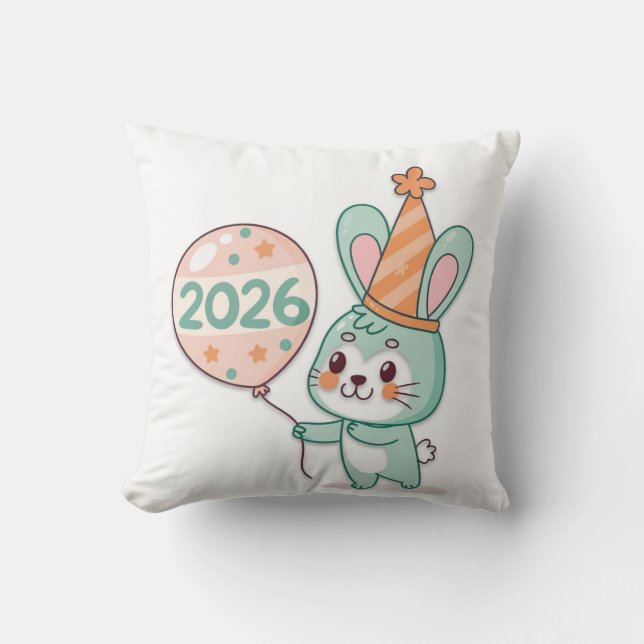Kawaii Chibi Rabbit Mascot Holding 2026 Balloons  Throw Pillow (Front)