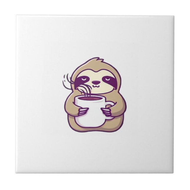 Kawaii Chibi Sloth with Coffee Mug � Cute Sleepy A Ceramic Tile (Front)