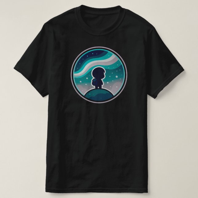 Kawaii Chibi Traveler Under Aurora | BLACK ONLY T-Shirt (Design Front)