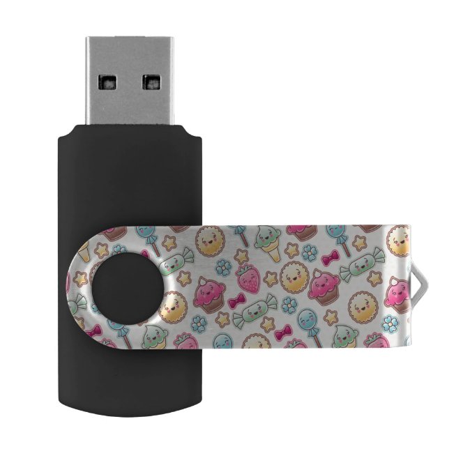 Kawaii child pattern with cute doodles USB flash drive (Opened)