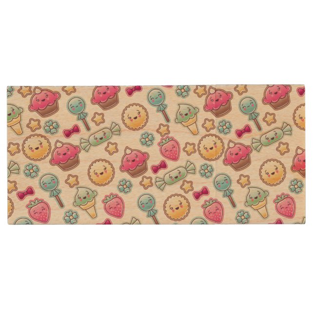 Kawaii child pattern with cute doodles wood USB flash drive (Front)