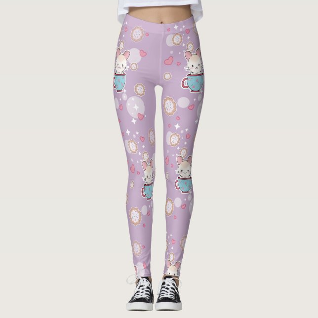 Kawaii Chinchilla in Teacup with Cookies and Heart Leggings (Front)