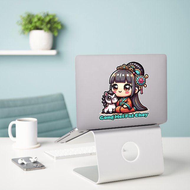 Kawaii Chinese New Year Horse and Girl Sticker (Laptop On Desk)