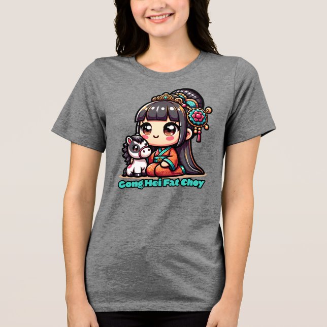 Kawaii Chinese New Year Horse and Girl Tri-Blend Shirt (Front)