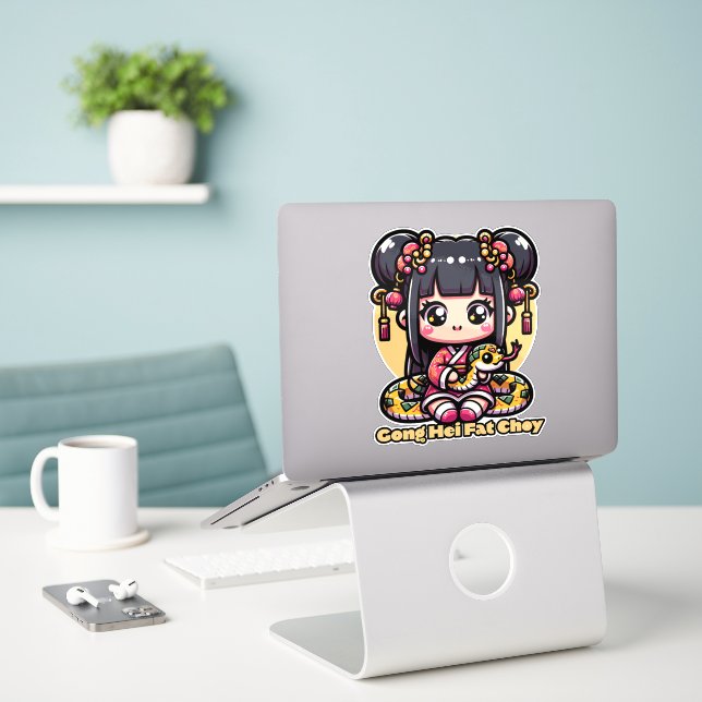 Kawaii Chinese New Year Snake and Girl Sticker (Laptop On Desk)