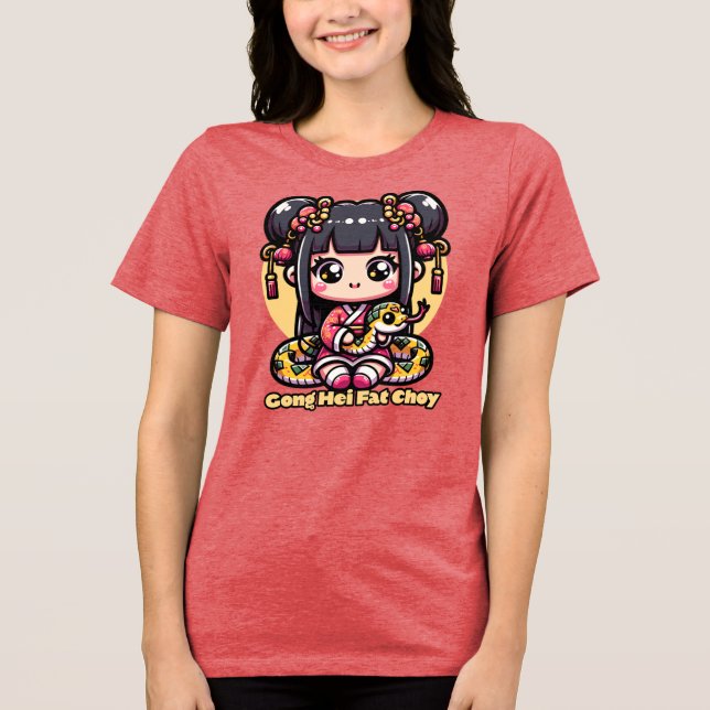 Kawaii Chinese New Year Snake and Girl Tri-Blend Shirt (Front)