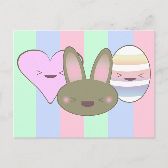 Kawaii Chocolate Easter Bunny, Egg, & Heart Holiday Postcard (Front)