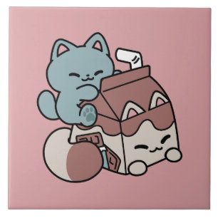 Kawaii Chocolate Milk Cat – Cozy Drink & Cuteness Ceramic Tile