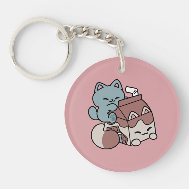 Kawaii Chocolate Milk Cat – Cozy Drink & Cuteness  Keychain (Front)