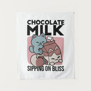 Kawaii Chocolate Milk Cat – Cozy Drink & Cuteness Tapestry