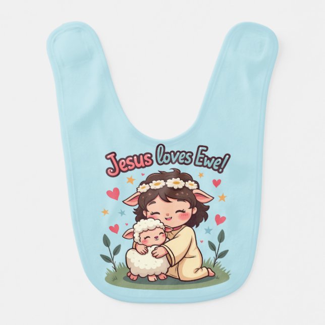 Kawaii Christian "Jesus Loves Ewe" Pastel Design Baby Bib (Front)