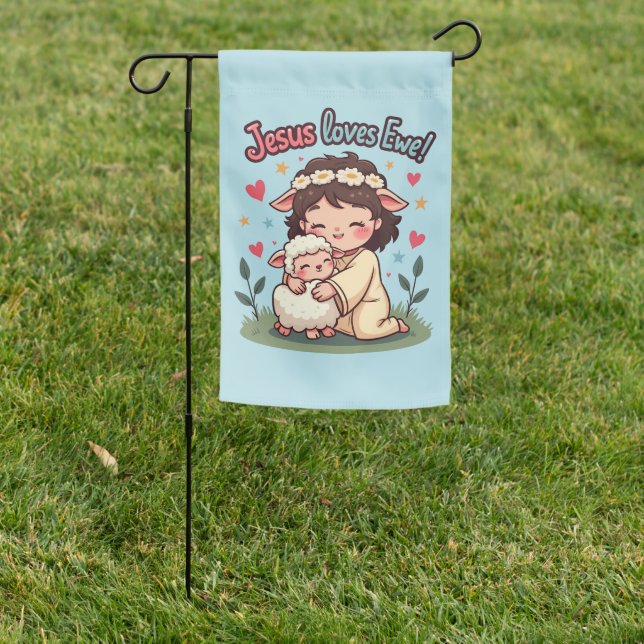 Kawaii Christian "Jesus Loves Ewe" Pastel Design Garden Flag (In SItu)
