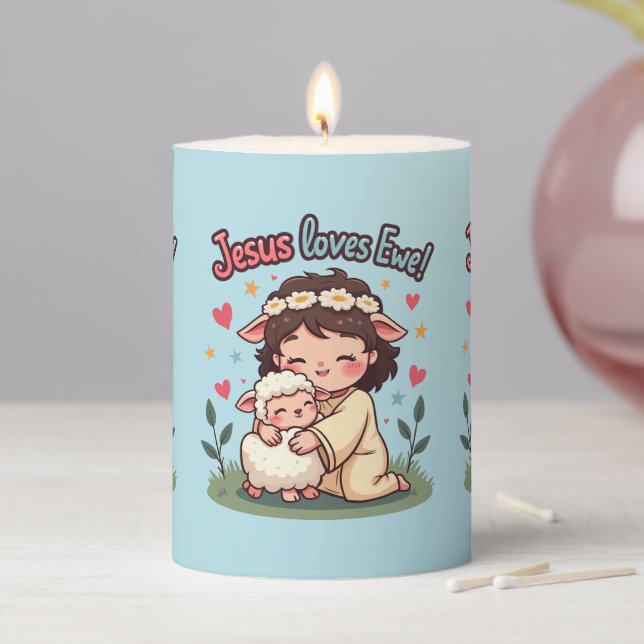 Kawaii Christian "Jesus Loves Ewe" Pastel Design Pillar Candle (In Situ)