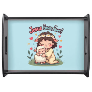 Kawaii Christian "Jesus Loves Ewe" Pastel Design Serving Tray