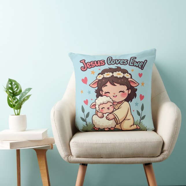 Kawaii Christian "Jesus Loves Ewe" Pastel Design Throw Pillow (Chair)