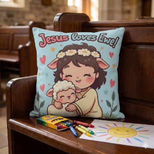 Kawaii Christian "Jesus Loves Ewe" Pastel Design Throw Pillow