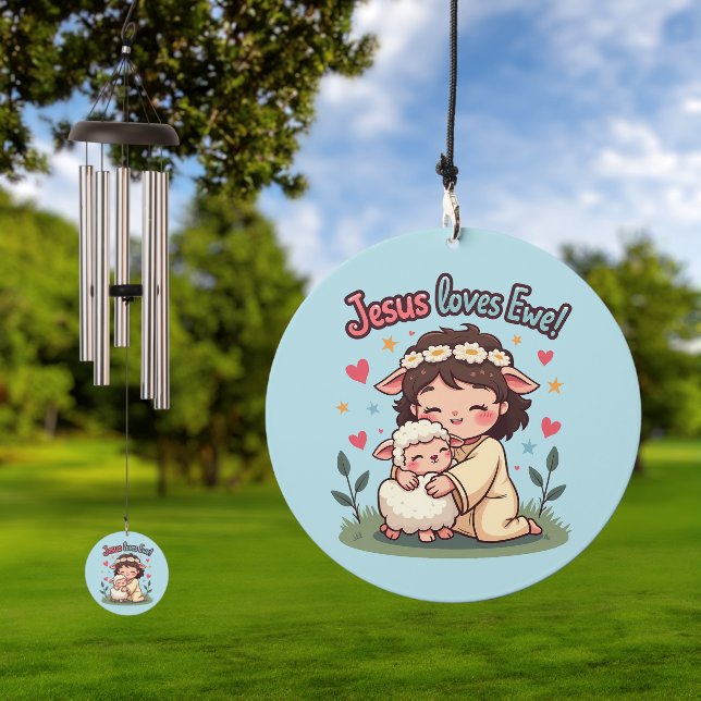 Kawaii Christian "Jesus Loves Ewe" Pastel Design Wind Chime (Outdoor)