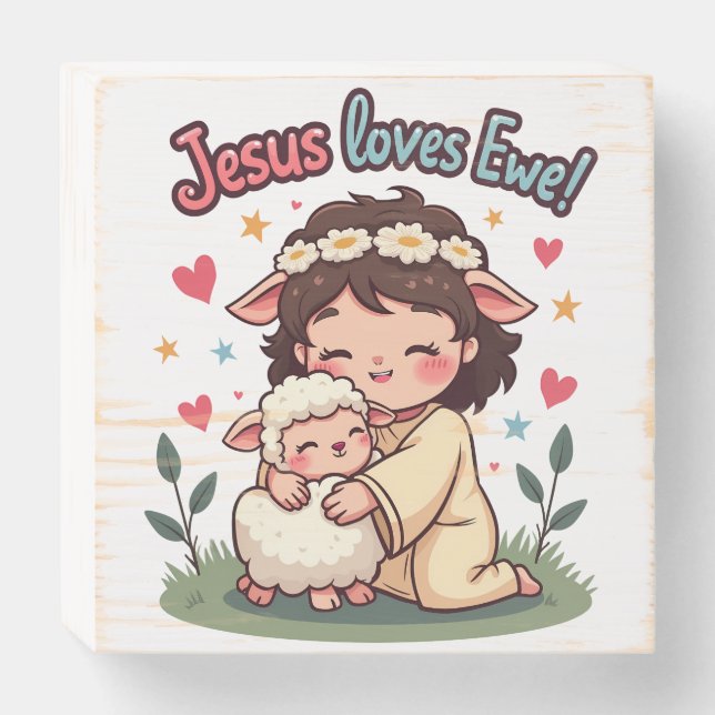 Kawaii Christian "Jesus Loves Ewe" Pastel Design Wooden Box Sign (Front Horizontal)