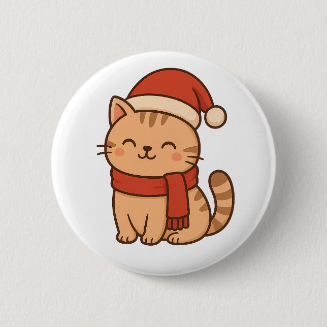 Kawaii Christmas Cat with Scarf Button (Front)