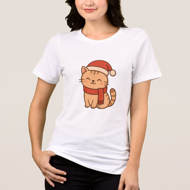 Kawaii Christmas Cat with Scarf Tri-Blend Shirt (Front)