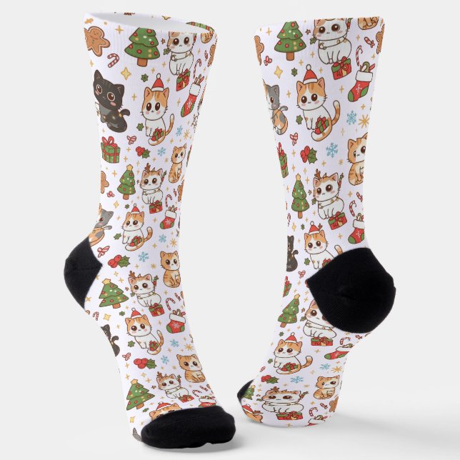 Kawaii Christmas Cats Holiday Pattern Crew Socks (Angled)