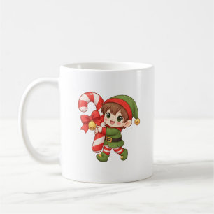 Kawaii Christmas Elf Mug with Candy Cane
