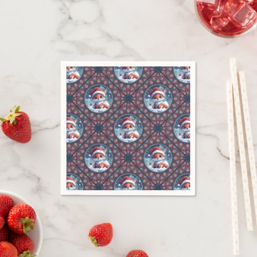 Kawaii Christmas Fox Dot Mandala Diamond Tile Napkins