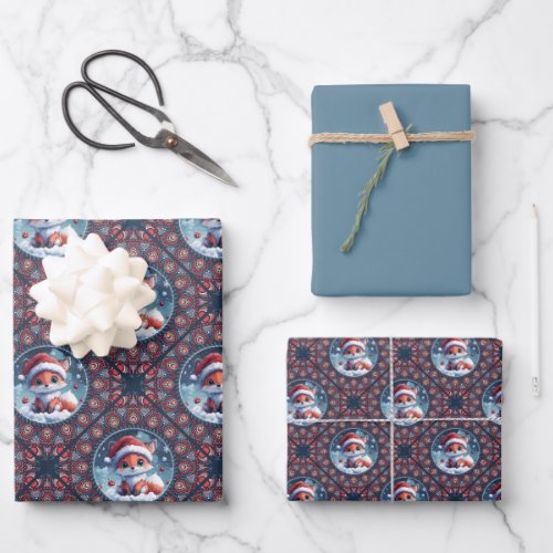 Kawaii Christmas Fox Dot Mandala Diamond Tile Wrapping Paper Sheets