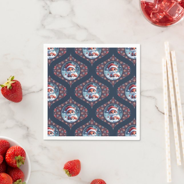Kawaii Christmas Fox Dot Mandala Ogee Damask Paper Napkins (Insitu)