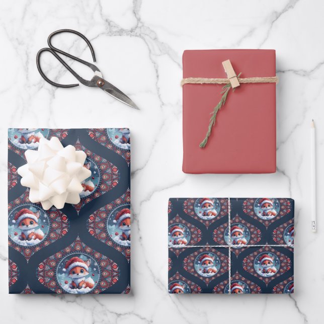 Kawaii Christmas Fox Dot Mandala Ogee Damask Wrapping Paper Sheets (Front)
