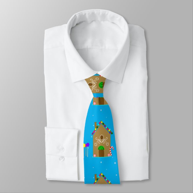 kawaii Christmas Gingerbread House Neck Tie (Tied)