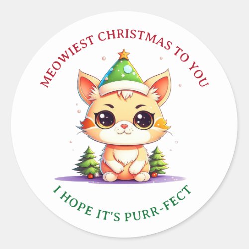 Kawaii Christmas Kitten Holiday Cat Pun Classic Round Sticker