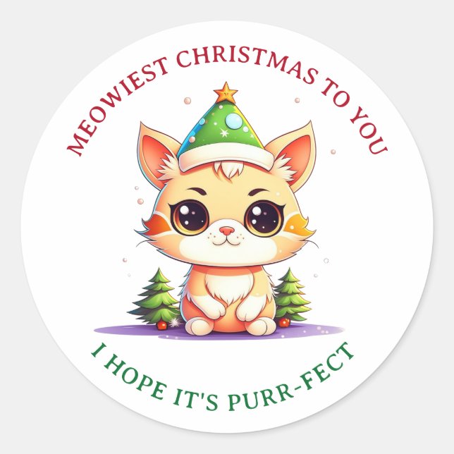 Kawaii Christmas Kitten Holiday Cat Pun Classic Round Sticker (Front)