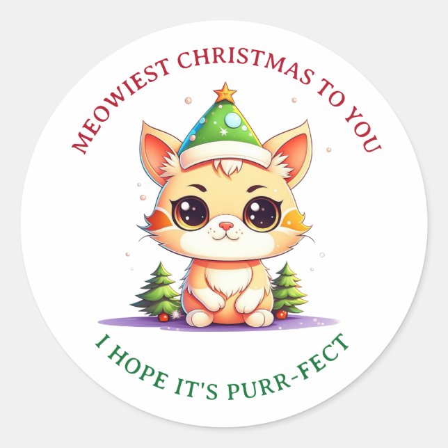 Kawaii Christmas Kitten Holiday Cat Pun Classic Round Sticker (Front)
