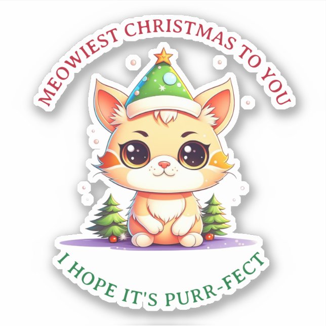 Kawaii Christmas Kitten Holiday Cat Pun Sticker (Front)