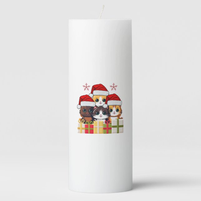Kawaii Christmas kitten in Santa Hats T-Shirt Pillar Candle (Front)