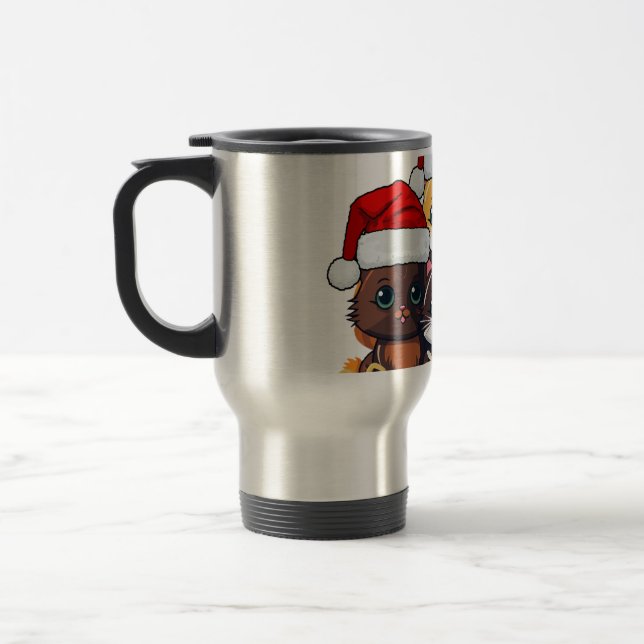 Kawaii Christmas kitten in Santa Hats T-Shirt Travel Mug (Left)